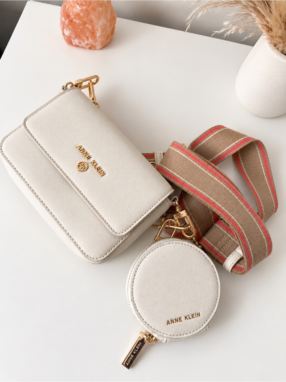 Anne Klein Cream Crossbody Bag with Striped Strap and Coin Pouch